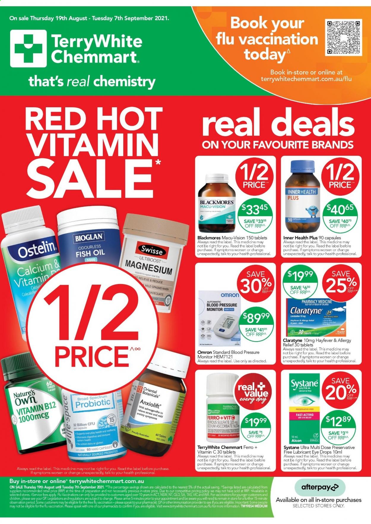 thumbnail - TerryWhite Chemmart Catalogue - 19 Aug 2021 - 7 Sep 2021 - Sales products - Swisse, calcium, fish oil, magnesium, Systane, vitamin c, probiotics, eye drops, vitamin B12, Nature's Own, Ostelin, Bioglan, Blackmores, Claratyne, allergy relief, Omron. Page 1.