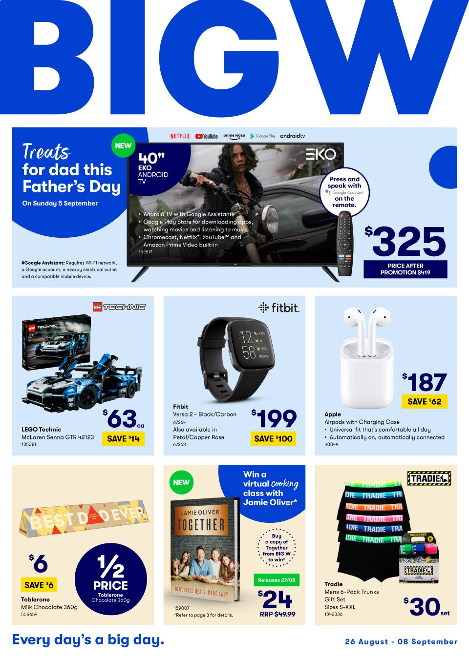 thumbnail - BIG W Catalogue - 26 Aug 2021 - 8 Sep 2021 - Sales products - milk chocolate, chocolate, Toblerone, gift set, Apple, Fitbit, Android TV, TV, Airpods, Tradie, LEGO, LEGO Technic, rose. Page 1.