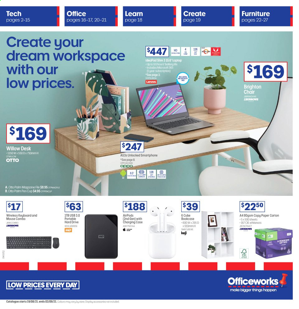 thumbnail - Officeworks Catalogue - 19 Aug 2021 - 2 Sep 2021 - Sales products - Lenovo, cup, paper, pen, keyboard, Oppo, smartphone, laptop, hard disk, mouse, portable hard drive, Airpods. Page 1.