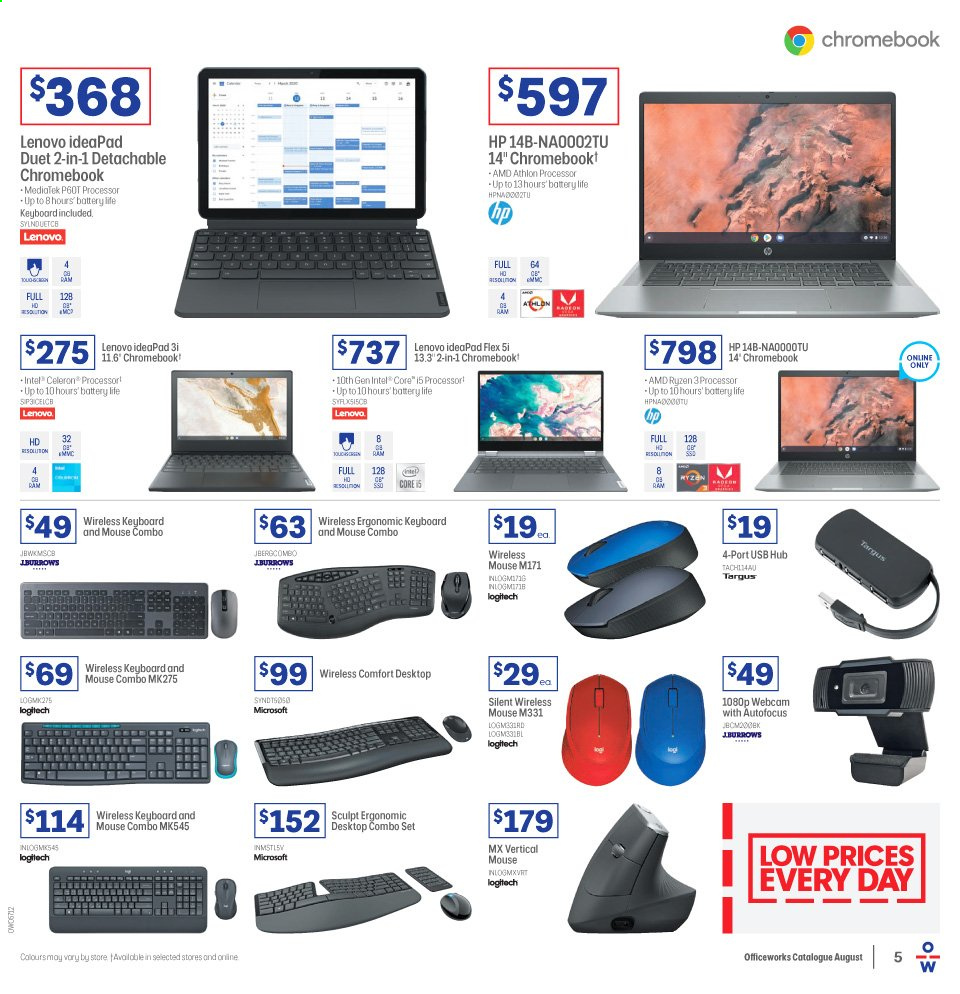 thumbnail - Officeworks Catalogue - 19 Aug 2021 - 2 Sep 2021 - Sales products - Intel, Lenovo, Hewlett Packard, keyboard, webcam, chromebook, Athlon, Logitech, mouse, Radeon, USB hub. Page 5.