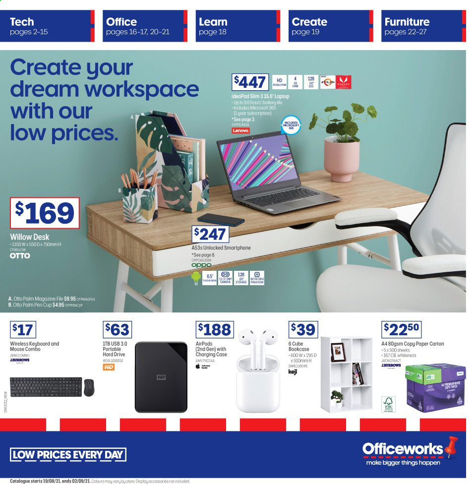 thumbnail - Officeworks Catalogue - 19 Aug 2021 - 2 Sep 2021 - Sales products - Lenovo, cup, paper, pen, keyboard, Oppo, smartphone, laptop, hard disk, WD, mouse, portable hard drive, Airpods. Page 1.