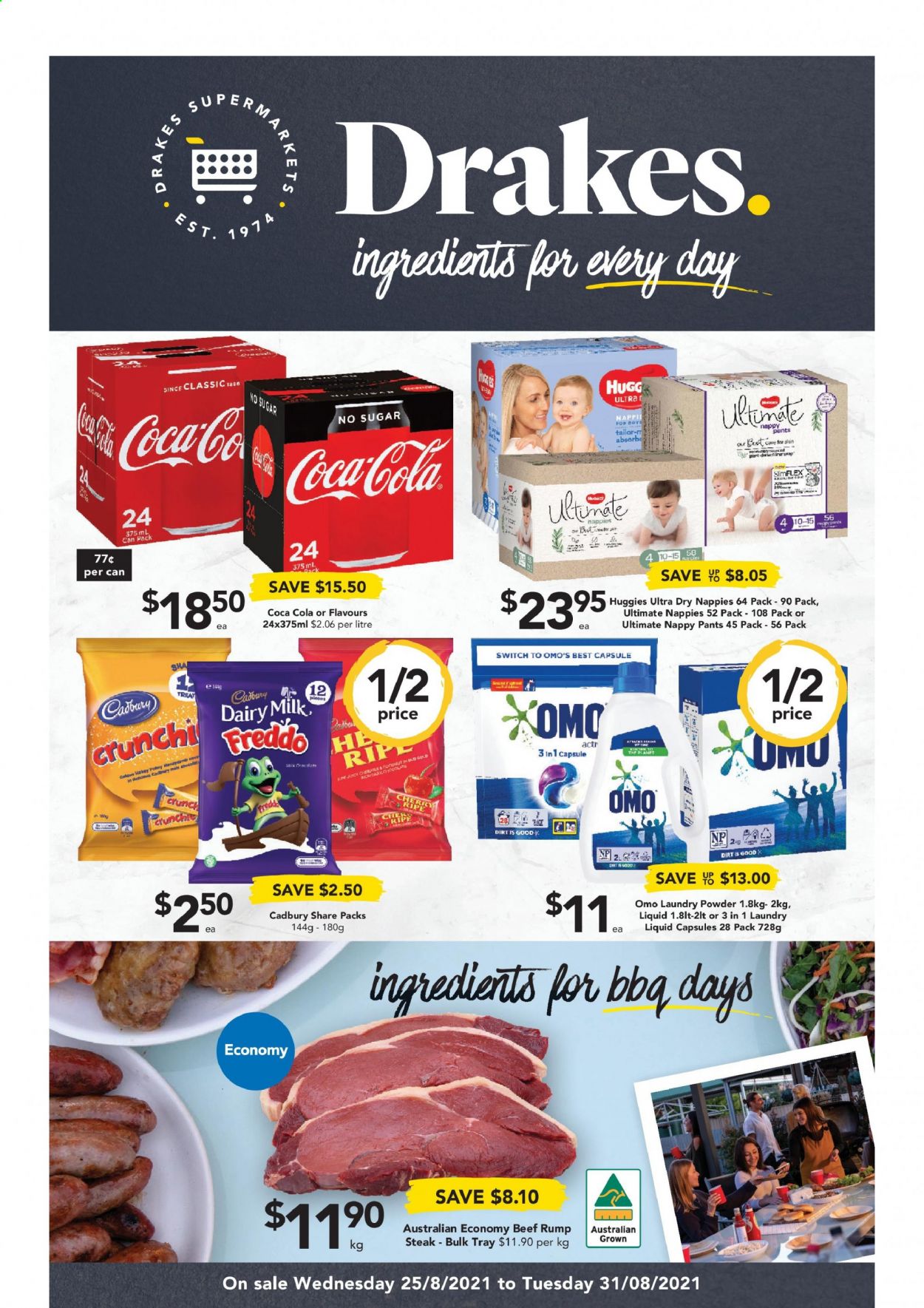 thumbnail - Drakes Catalogue - 25 Aug 2021 - 31 Aug 2021 - Sales products - cherries, polony, Cadbury, Dairy Milk, Coca-Cola, switch, beef meat, steak, rump steak, Huggies, pants, nappies, Omo, laundry powder, laundry detergent. Page 1.