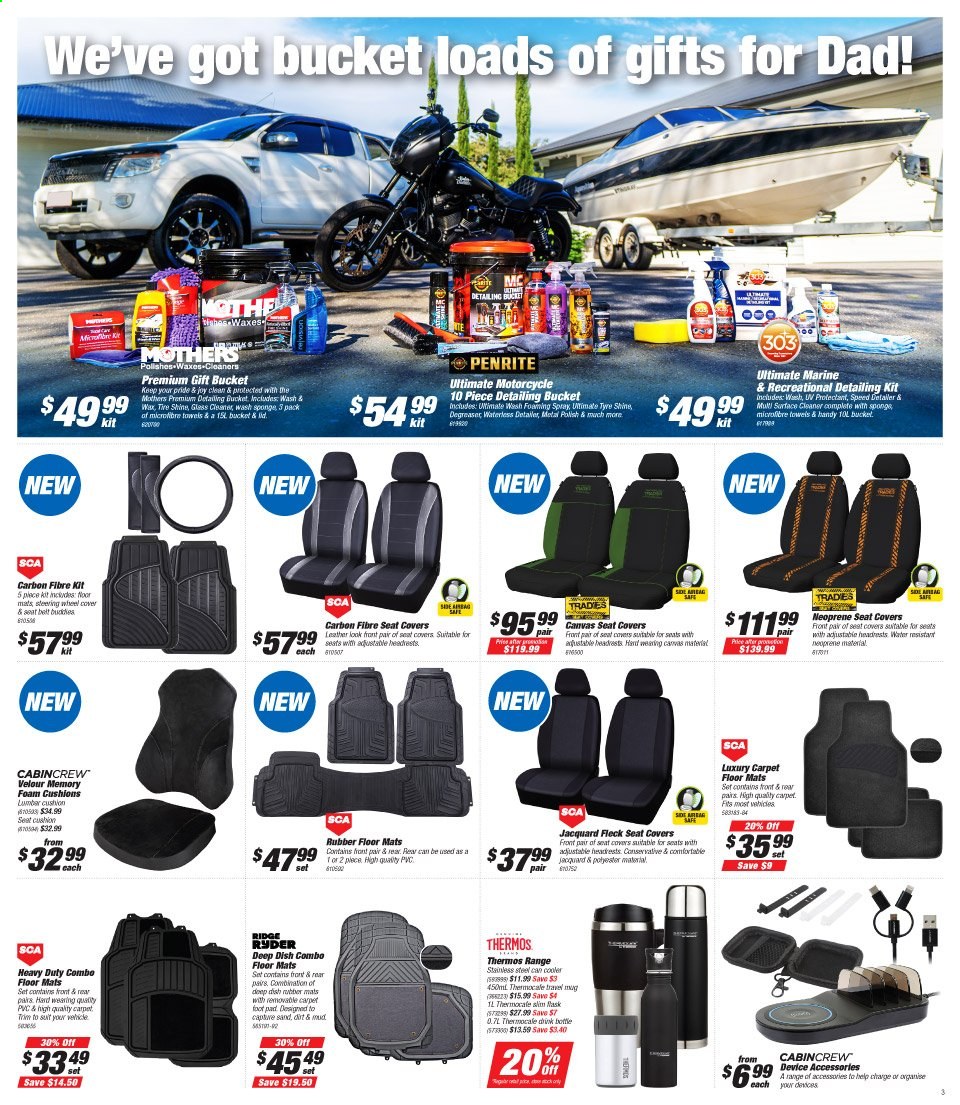 thumbnail - Supercheap Auto Catalogue - 26 Aug 2021 - 5 Sep 2021 - Sales products - Ridge Ryder, CabinCrew, motorcycle, carpet, car seat cover, car floor mats, polish, tyre shine, Penrite, degreaser. Page 3.