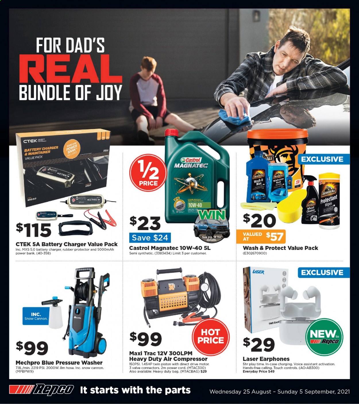 thumbnail - Repco Catalogue - 25 Aug 2021 - 5 Sep 2021 - Sales products - bag, air compressor, pressure washer, Mechpro Blue, battery charger, cleaner, Castrol. Page 1.