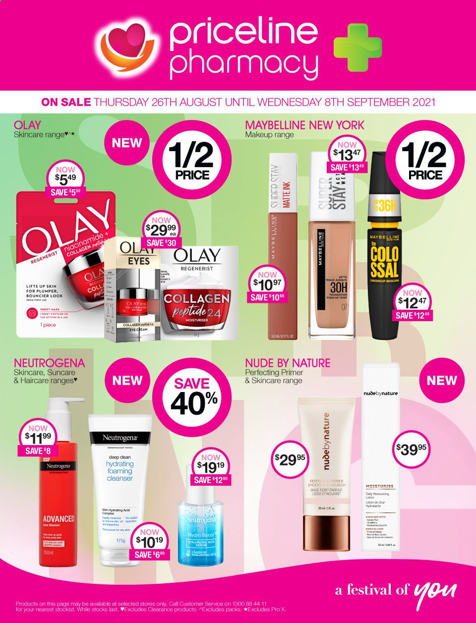 thumbnail - Priceline Pharmacy Catalogue - 26 Aug 2021 - 8 Sep 2021 - Sales products - cleanser, Neutrogena, Olay, eye cream, Niacinamide, body lotion, makeup, Maybelline. Page 1.