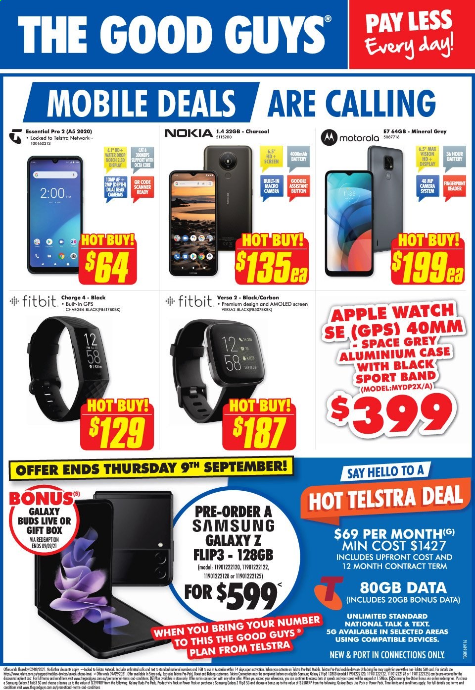 thumbnail - The Good Guys Catalogue - 26 Aug 2021 - 2 Sep 2021 - Sales products - Apple, Samsung Galaxy, Motorola, Samsung, Nokia, phone, Samsung Galaxy Z, Fitbit, Apple Watch, scanner. Page 1.