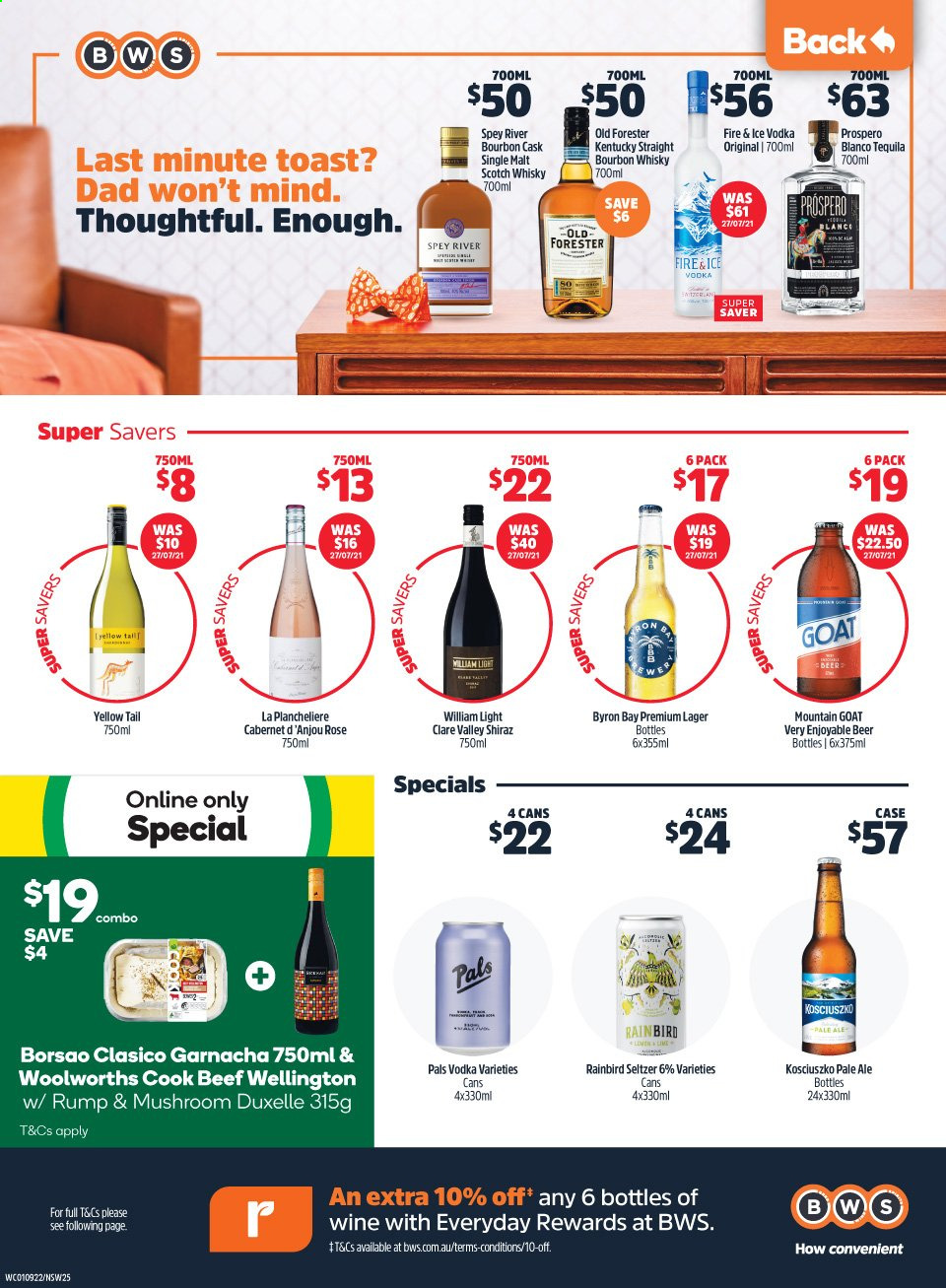thumbnail - BWS Catalogue - 1 Sep 2021 - 7 Sep 2021 - Sales products - Cabernet Sauvignon, red wine, wine, Shiraz, rosé wine, bourbon, tequila, vodka, Hard Seltzer, scotch whisky, whisky, beer, Lager. Page 1.