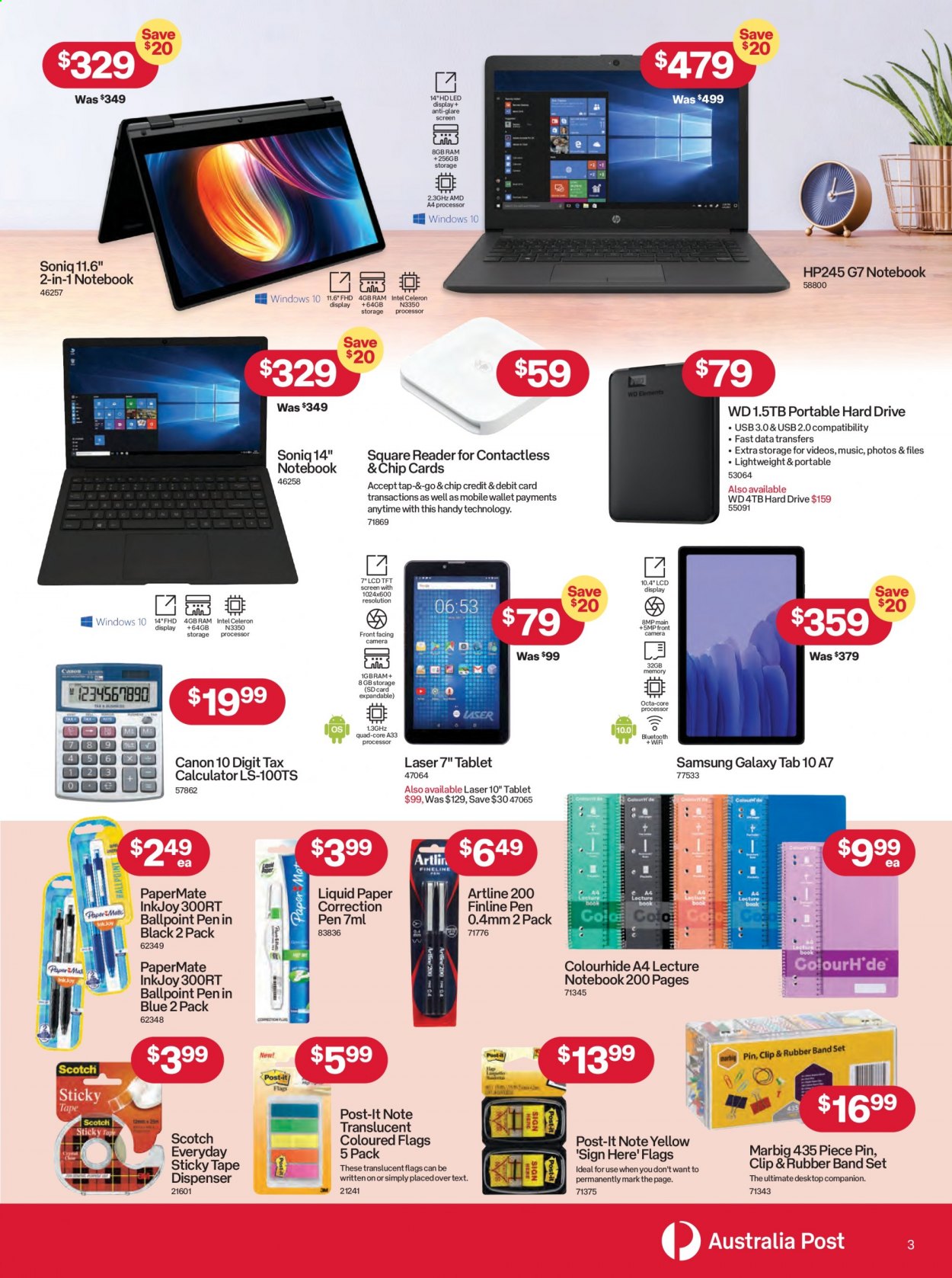 thumbnail - Australia Post Catalogue - 6 Sep 2021 - 3 Oct 2021 - Sales products - tablet, Samsung Galaxy, Samsung Galaxy Tab, pin, paper, pen, eraser, calculator, Post-It, Paper Mate, tape dispenser, Samsung, Intel, portable hard drive, WD, Canon. Page 3.