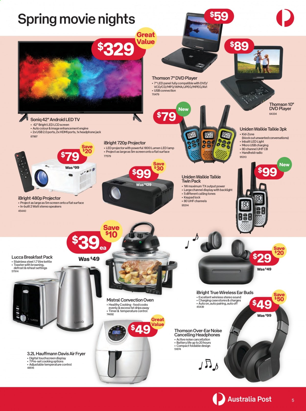thumbnail - Australia Post Catalogue - 6 Sep 2021 - 3 Oct 2021 - Sales products - breakfast pack, Uniden, handheld radio, Thomson, LED TV, TV, radio, dvd player, projector, speaker, headphones, oven, convection oven, air fryer, toaster, kettle, lamp, LED light. Page 5.