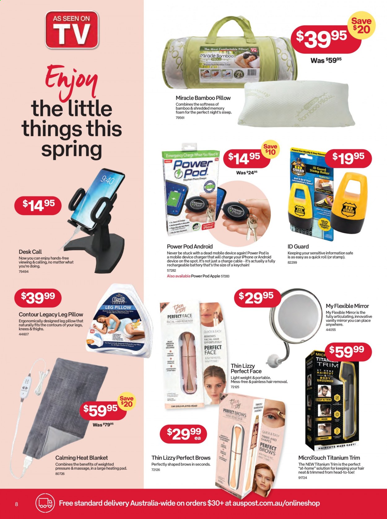 thumbnail - Australia Post Catalogue - 6 Sep 2021 - 3 Oct 2021 - Sales products - Apple, hair removal, rechargeable battery, blanket, pillow, iPhone, phone, TV, roller, heating pad. Page 8.