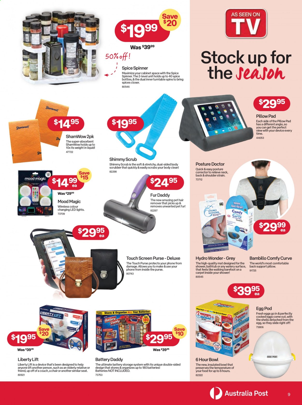 thumbnail - Australia Post Catalogue - 6 Sep 2021 - 3 Oct 2021 - Sales products - bowl, pillow, TV, LED light. Page 9.