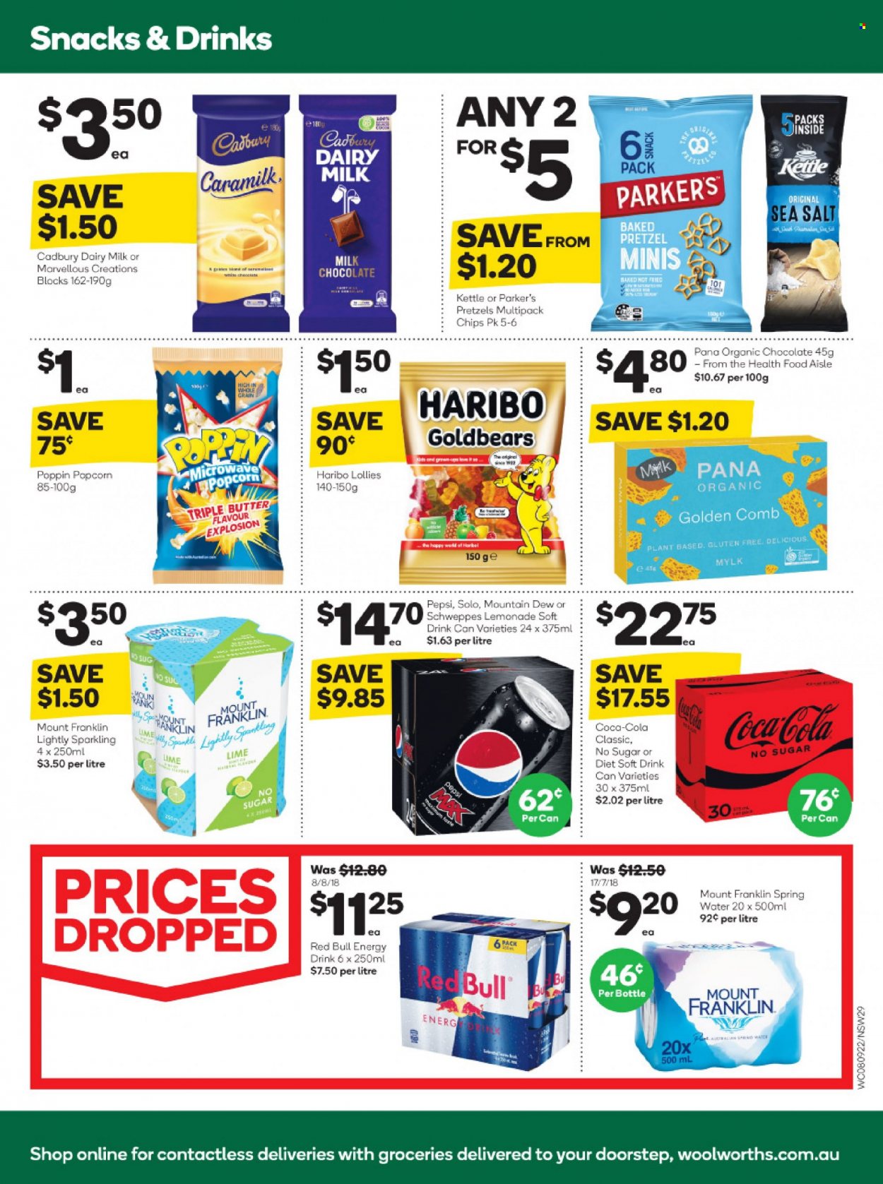 thumbnail - Woolworths Catalogue - 8 Sep 2021 - 14 Sep 2021 - Sales products - pretzels, butter, milk chocolate, chocolate, snack, Haribo, Cadbury, Dairy Milk, chips, popcorn, Coca-Cola, lemonade, Mountain Dew, Schweppes, Pepsi, energy drink, soft drink, Red Bull, spring water, comb, Parker. Page 29.