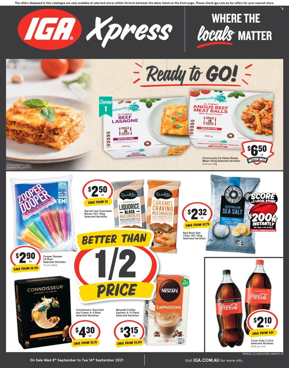 thumbnail - IGA Xpress Catalogue - 8 Sep 2021 - 14 Sep 2021 - Sales products - Ace, pasta, milk chocolate, chocolate, Zooper Dooper, Victoria Sponge, chips, penne, Coca-Cola, cappuccino, Nescafé, beef meat. Page 1.