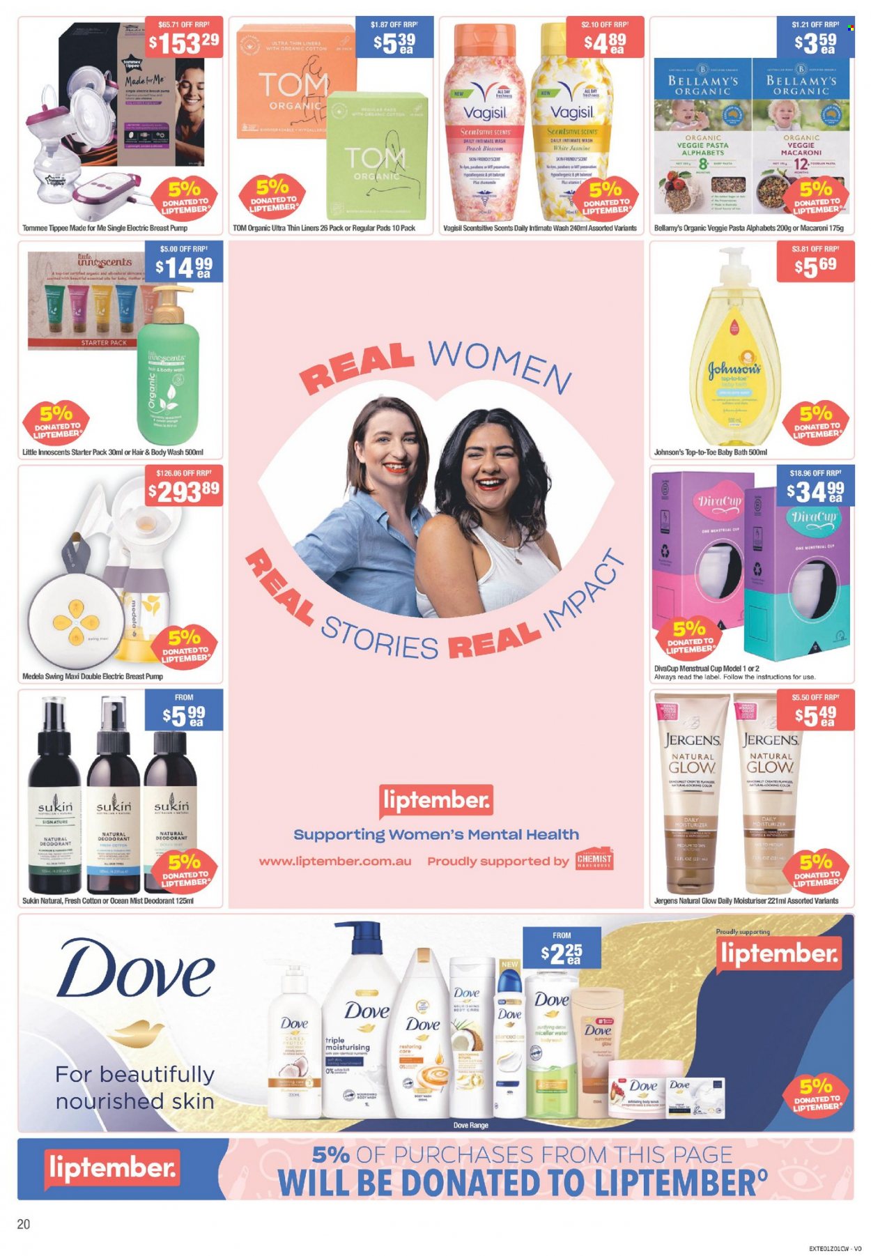 thumbnail - Chemist Warehouse Catalogue - 6 Sep 2021 - 26 Sep 2021 - Sales products - Johnson's, baby bath, Dove, body wash, hair & body wash, moisturizer, Sukin, Jergens, anti-perspirant, deodorant, breast pump. Page 20.