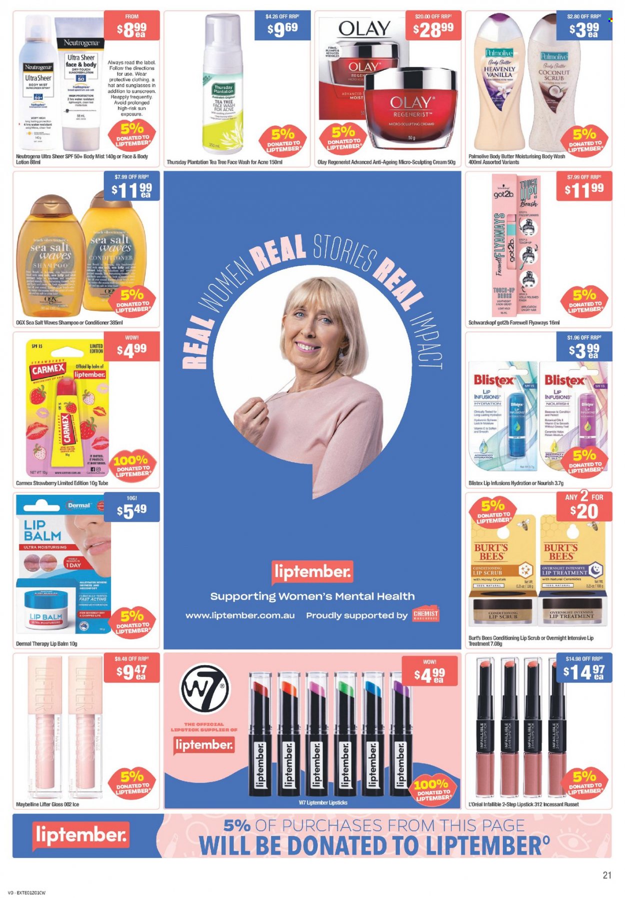 thumbnail - Chemist Warehouse Catalogue - 6 Sep 2021 - 26 Sep 2021 - Sales products - body wash, shampoo, Schwarzkopf, Palmolive, face gel, L’Oréal, lip balm, Neutrogena, Olay, OGX, conditioner, body butter, body lotion, body mist, lipstick, Maybelline, sunglasses. Page 21.