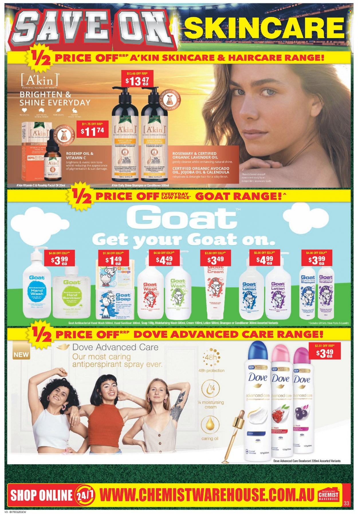 thumbnail - Chemist Warehouse Catalogue - 6 Sep 2021 - 26 Sep 2021 - Sales products - Dove, shampoo, hand wash, antibacterial hand wash, soap, rosehip oil, facial oil, conditioner, body lotion, anti-perspirant, deodorant, vitamin c. Page 33.