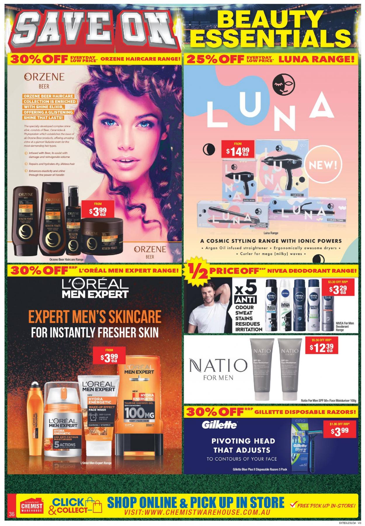 thumbnail - Chemist Warehouse Catalogue - 6 Sep 2021 - 26 Sep 2021 - Sales products - Nivea, shower gel, face gel, L’Oréal, L’Oréal Men, keratin, anti-perspirant, deodorant, Gillette, disposable razor, vitamin c, argan oil. Page 36.