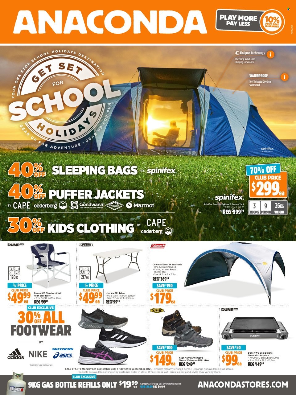 thumbnail - Anaconda Catalogue - 6 Sep 2021 - 24 Sep 2021 - Sales products - Adidas, Asics, Nike, Skechers, Coleman, table, chair, sidetable, jacket, puffer jacket, sleeping bag, tent, stove, gas bottle, Campmaster, Eclipse. Page 1.