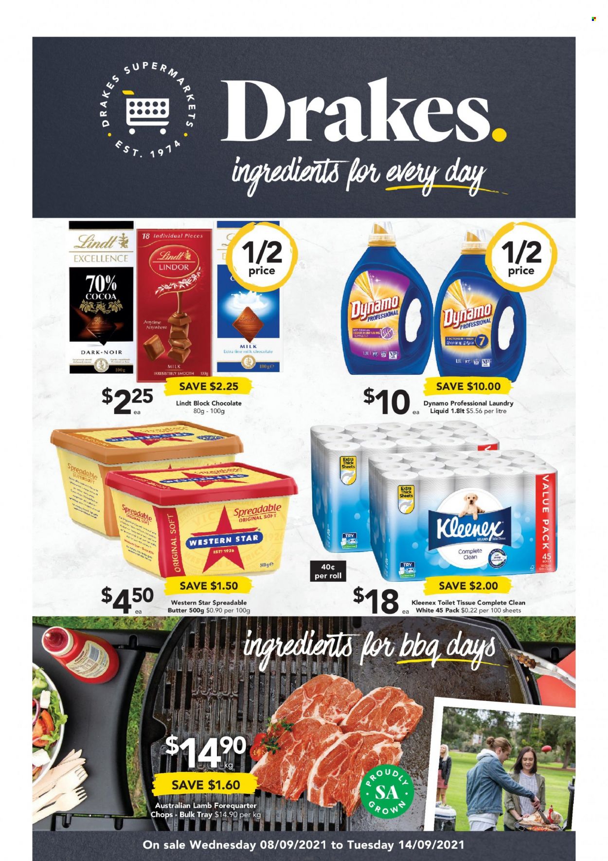 thumbnail - Drakes Catalogue - 8 Sep 2021 - 14 Sep 2021 - Sales products - Western Star Spreadable, Western Star, milk, butter, spreadable butter, chocolate, Lindt, Lindor, Kleenex, toilet paper, laundry detergent. Page 1.