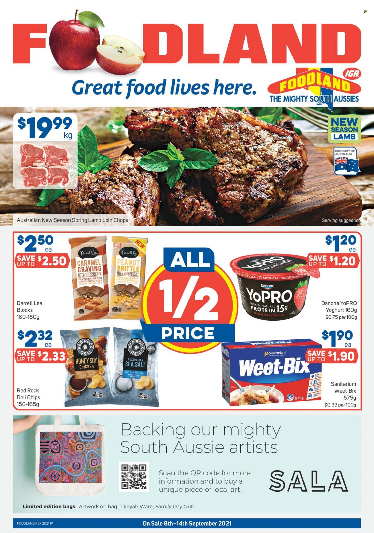 thumbnail - Foodland Catalogue - 8 Sep 2021 - 14 Sep 2021 - Sales products - yoghurt, Danone, fudge, milk chocolate, chocolate, chips, Weet-Bix, honey, lamb loin, lamb meat, Aussie, bag. Page 1.