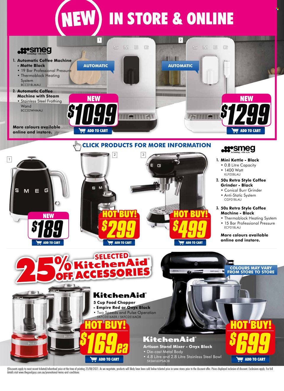 thumbnail - The Good Guys Catalogue - 7 Sep 2021 - 29 Sep 2021 - Sales products - KitchenAid, coffee grinder, Smeg, cup, handy chopper, bowl, coffee machine, mixer, stand mixer, kettle, grinder. Page 20.