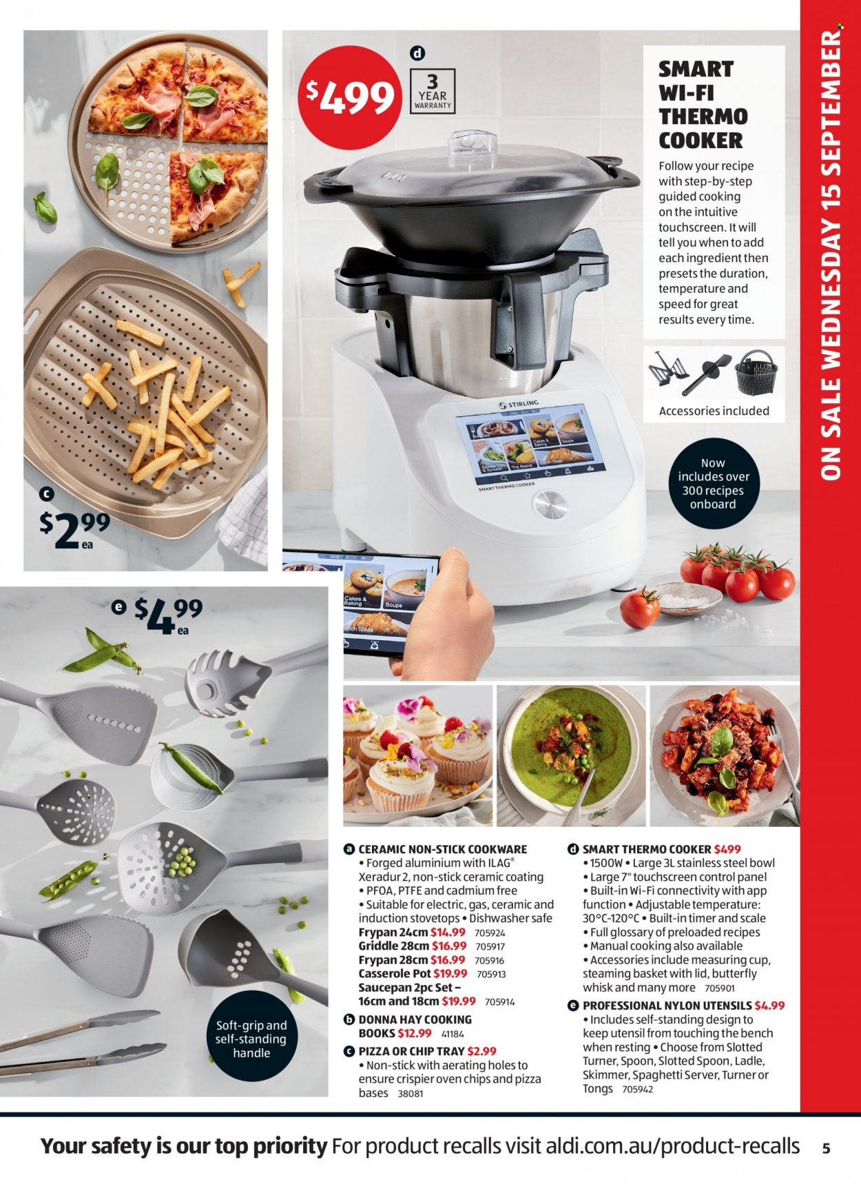 thumbnail - ALDI Catalogue - 15 Sep 2021 - 21 Sep 2021 - Sales products - scale, spaghetti, pizza dough, frozen chips, basket, cookware set, spoon, utensils, pot, casserole, saucepan, bowl, measuring cup, frying pan, book, bench, tong. Page 5.