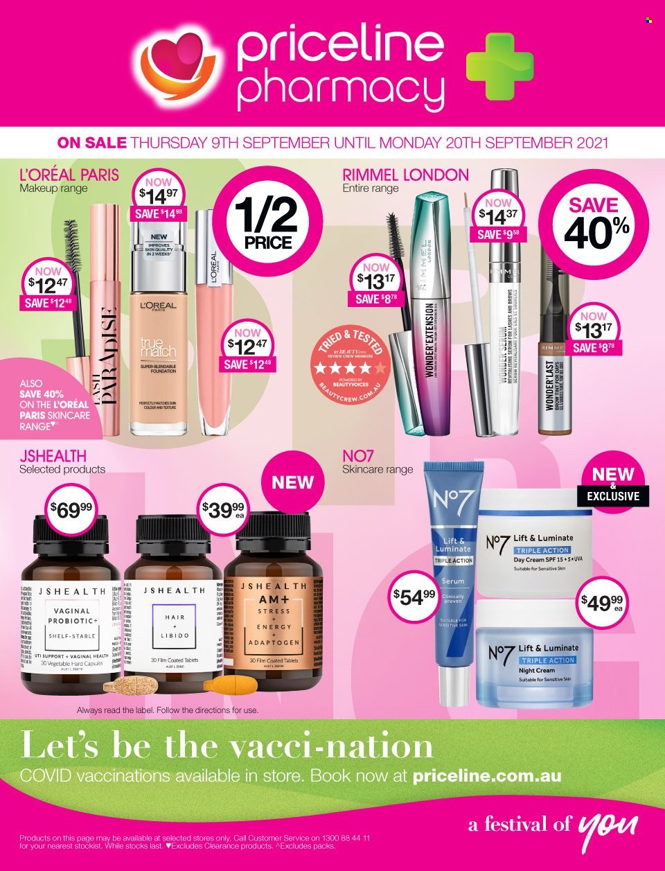 thumbnail - Priceline Pharmacy Catalogue - 9 Sep 2021 - 20 Sep 2021 - Sales products - day cream, L’Oréal, serum, night cream, makeup, Rimmel, JSHealth. Page 1.