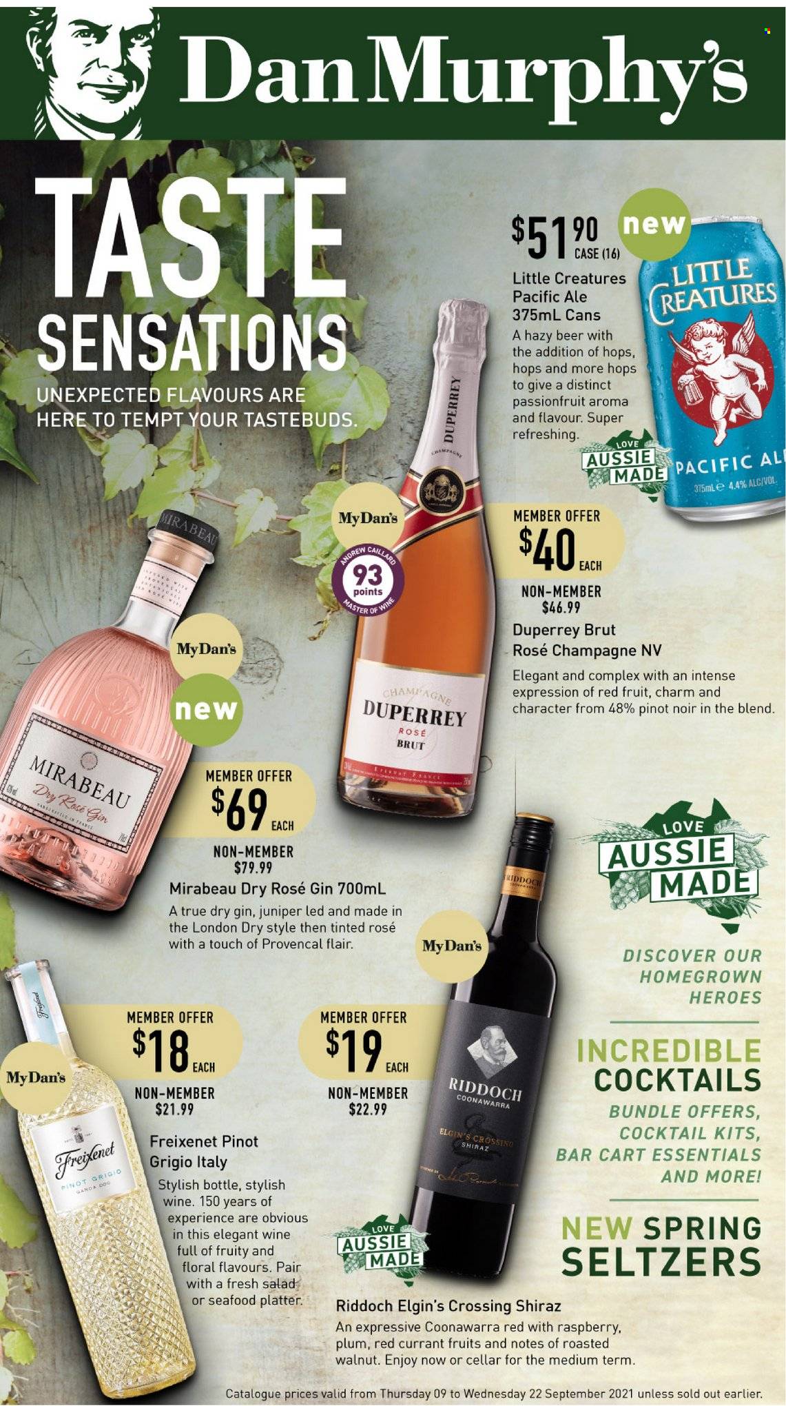 thumbnail - Dan Murphy's Catalogue - 9 Sep 2021 - 22 Sep 2021 - Sales products - red wine, white wine, champagne, wine, Pinot Noir, Shiraz, Pinot Grigio, rosé wine, gin. Page 1.