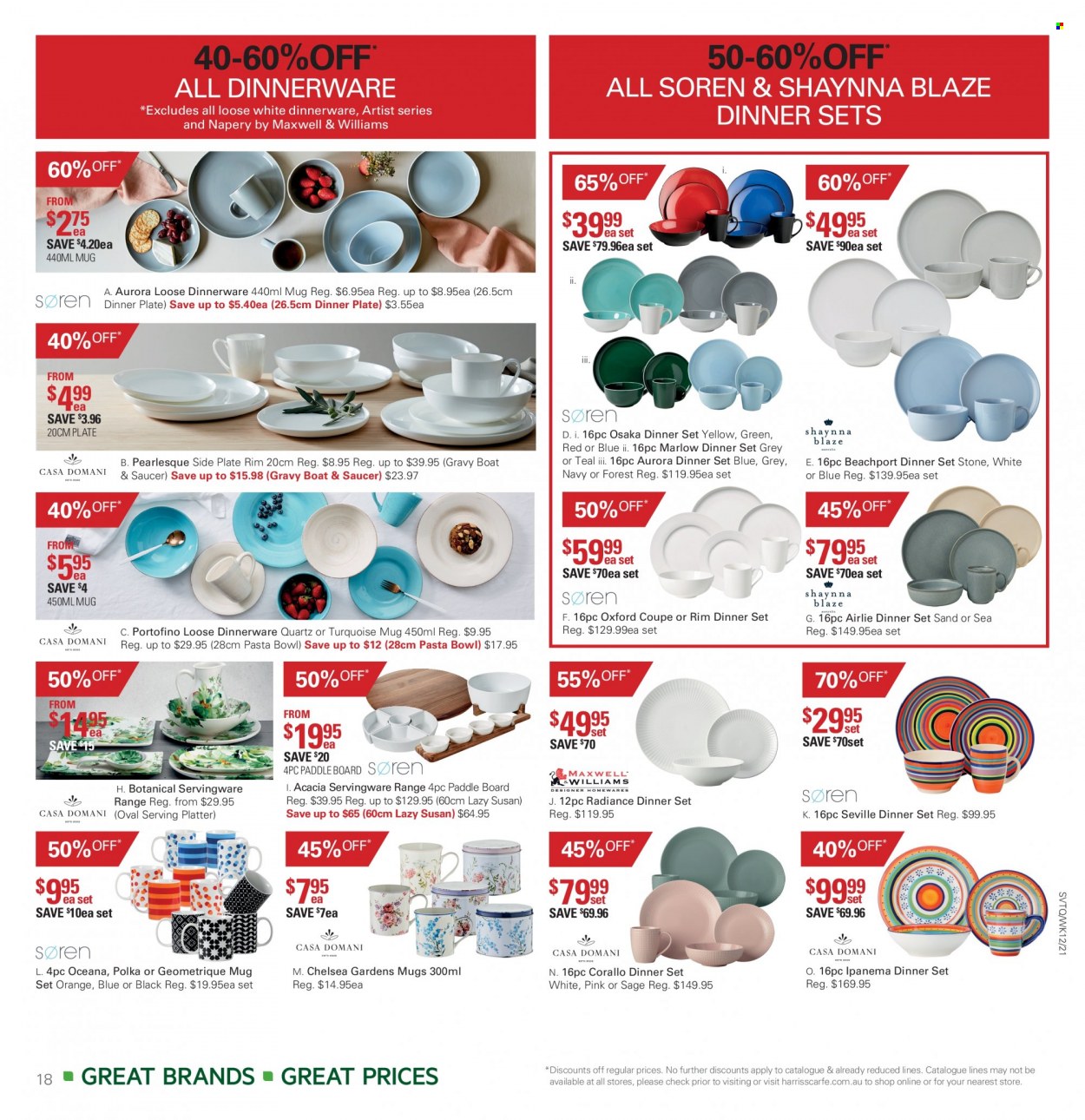 thumbnail - Harris Scarfe Catalogue - Sales products - dinnerware set, mug, plate, saucer, dinner plate, bowl. Page 18.