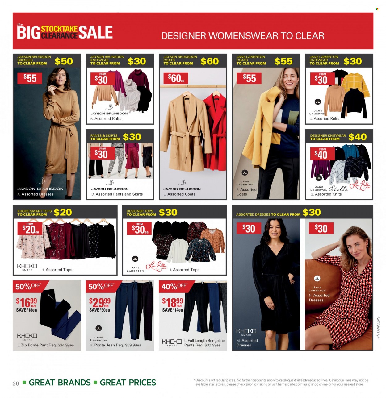 thumbnail - Harris Scarfe Catalogue - Sales products - Khoko, coat, pants, dress, tops, knitwear. Page 26.