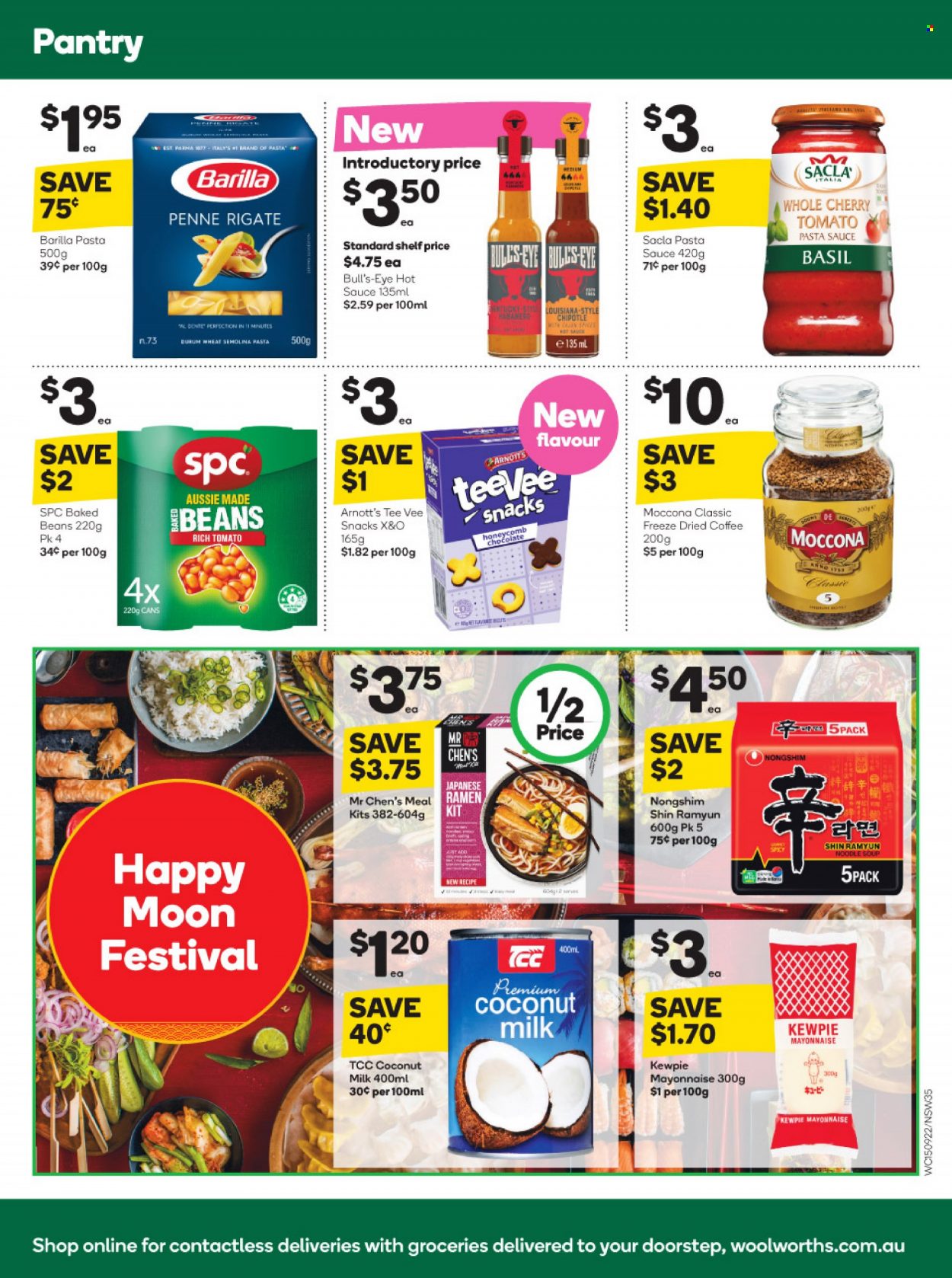 thumbnail - Woolworths Catalogue - 15 Sep 2021 - 21 Sep 2021 - Sales products - cherries, ramen, pasta sauce, soup, sauce, noodles cup, Barilla, noodles, mayonnaise, chocolate, snack, semolina, coconut milk, baked beans, penne, esponja, coffee, Moccona, Aussie. Page 35.
