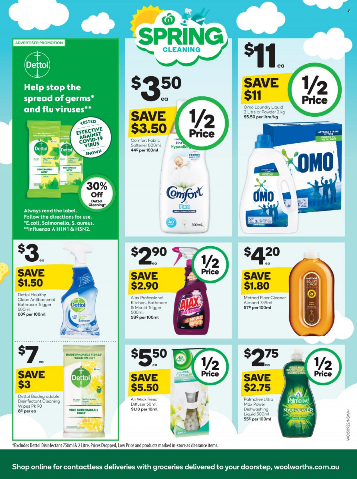 thumbnail - Woolworths Catalogue - 15 Sep 2021 - 21 Sep 2021 - Sales products - cleansing wipes, wipes, Dettol, cleaner, desinfection, floor cleaner, Ajax, fabric softener, Omo, laundry detergent, Comfort softener, dishwashing liquid, Palmolive, conditioner, mop, diffuser, Air Wick. Page 41.