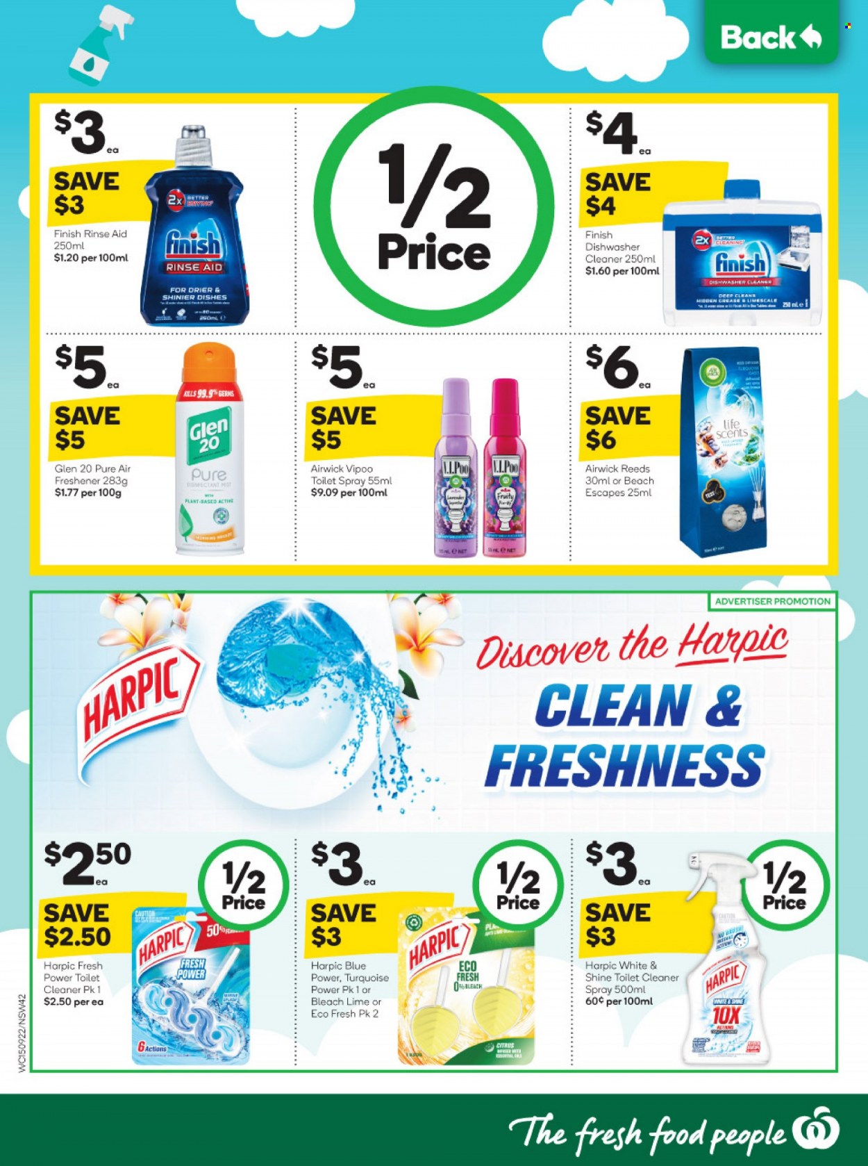 thumbnail - Woolworths Catalogue - 15 Sep 2021 - 21 Sep 2021 - Sales products - cleaner, bleach, toilet cleaner, Harpic, dishwashing liquid, dishwasher cleaner, air freshener, Air Wick. Page 42.
