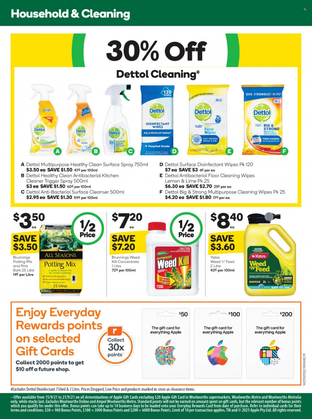 thumbnail - Woolworths Catalogue - 15 Sep 2021 - 21 Sep 2021 - Sales products - cleansing wipes, wipes, Dettol, cleaner, desinfection, cleanser, Yates, Weed 'n' Feed, potting mix, container. Page 43.