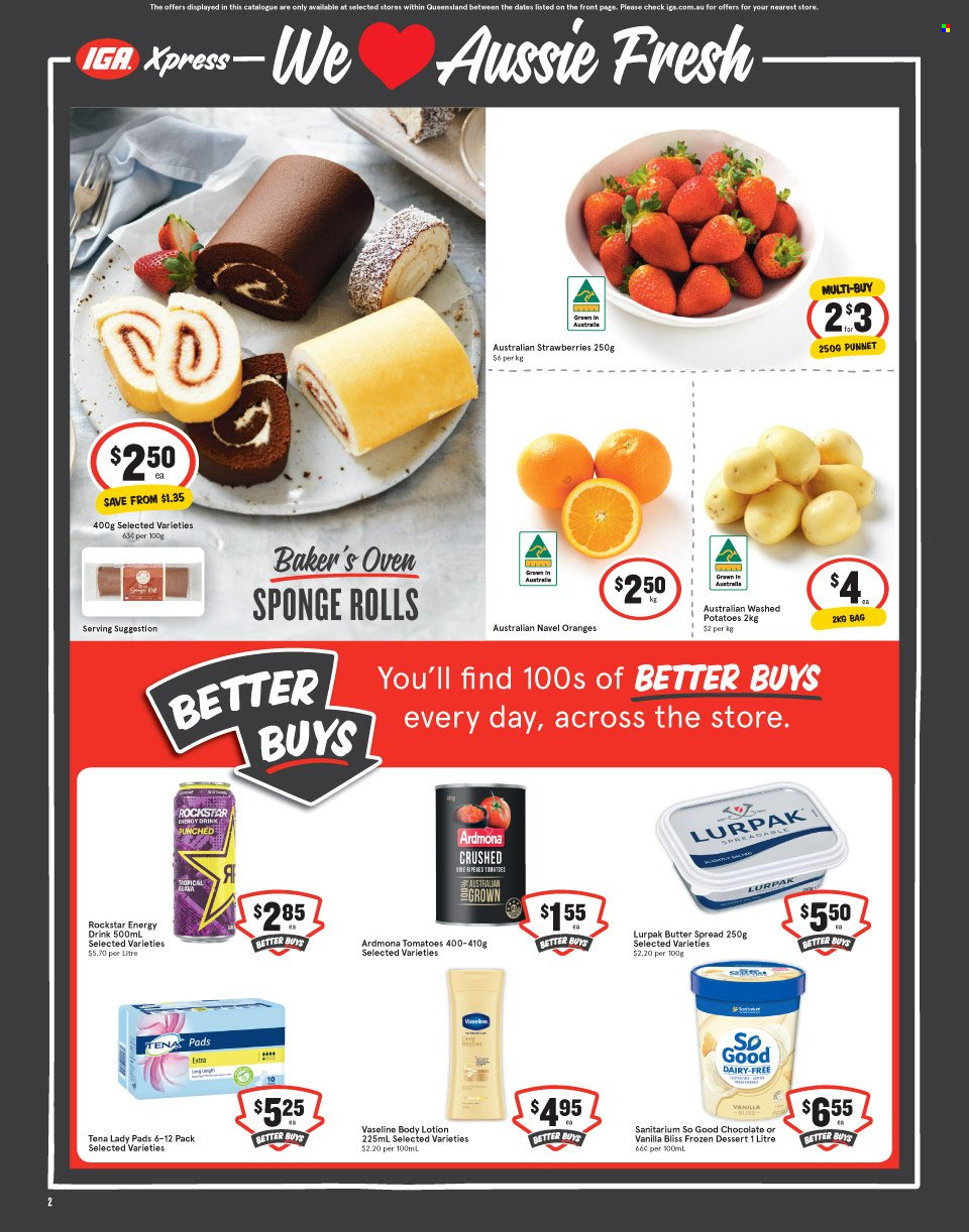 thumbnail - IGA Xpress Catalogue - 15 Sep 2021 - 21 Sep 2021 - Sales products - potatoes, tomatoes, strawberries, oranges, navel oranges, butter, chocolate, energy drink, Rockstar, Vaseline, Tena Lady, Aussie, body lotion, sponge. Page 2.
