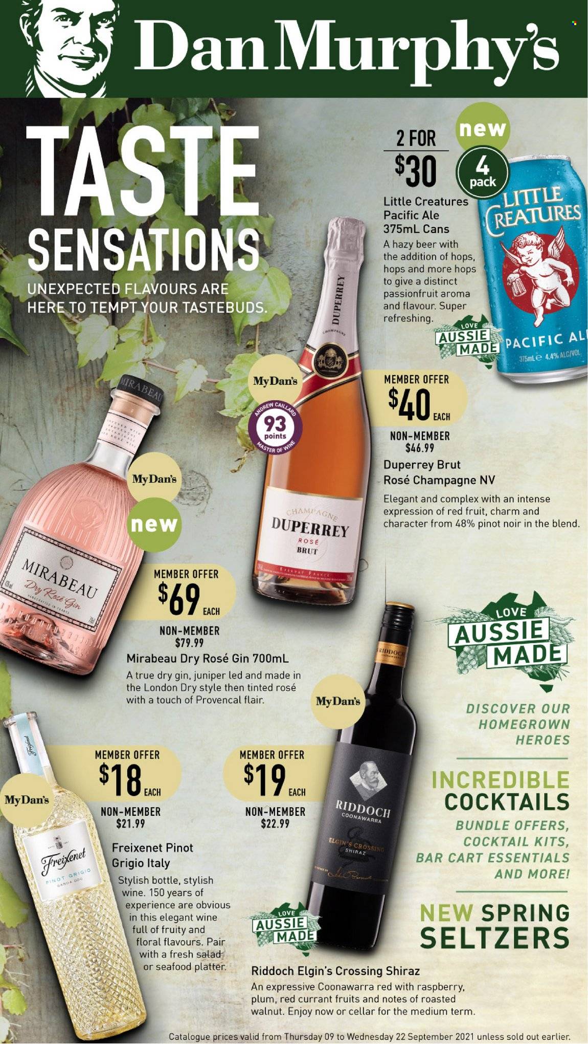 thumbnail - Dan Murphy's Catalogue - 9 Sep 2021 - 22 Sep 2021 - Sales products - red wine, white wine, champagne, wine, Pinot Noir, Shiraz, Pinot Grigio, rosé wine, gin. Page 1.