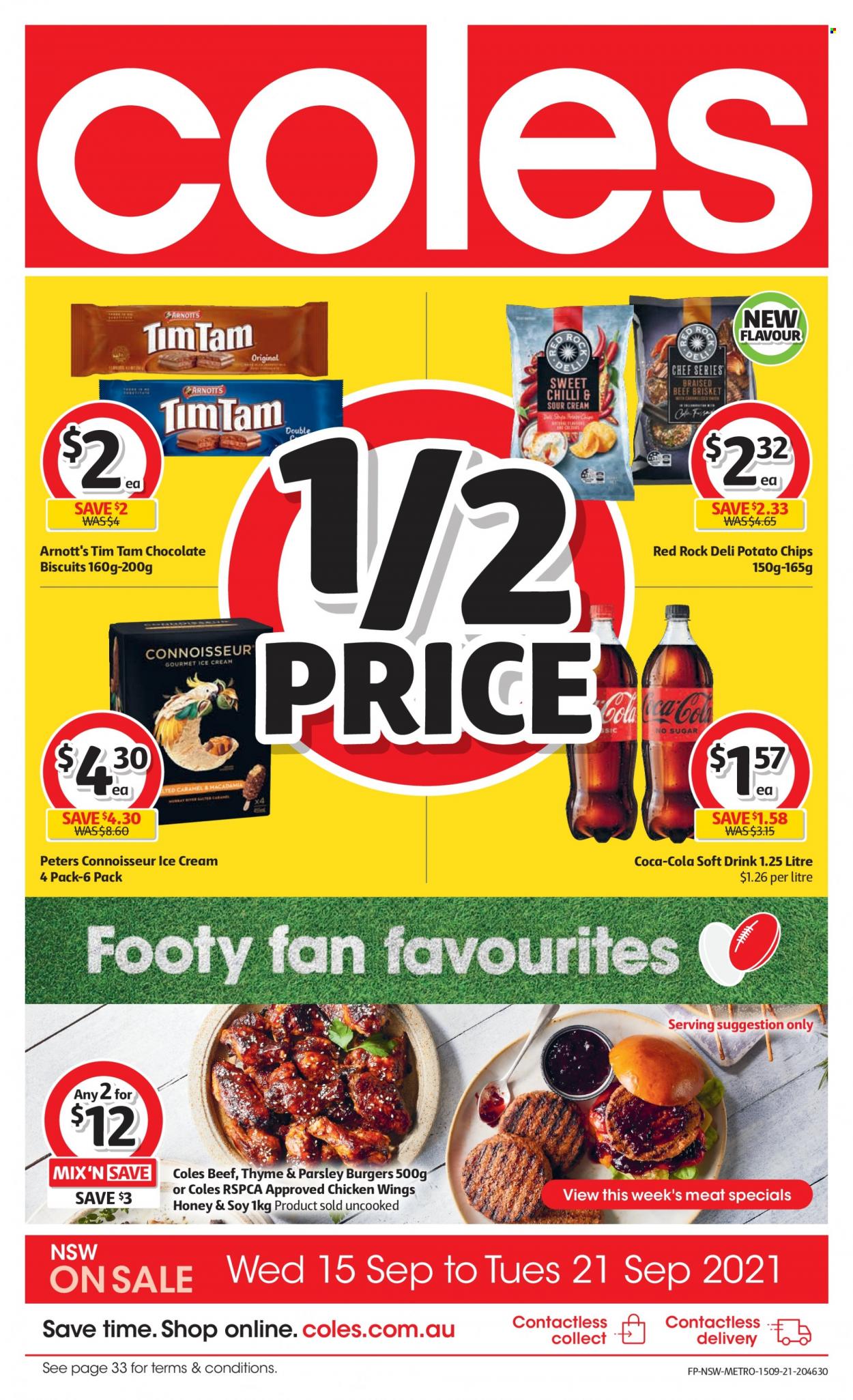 thumbnail - Coles Catalogue - 15 Sep 2021 - 21 Sep 2021 - Sales products - parsley, hamburger, ice cream, chicken wings, Tim Tam, biscuit, potato chips, chips, caramel, honey, Coca-Cola, soft drink, beef meat, beef brisket. Page 1.