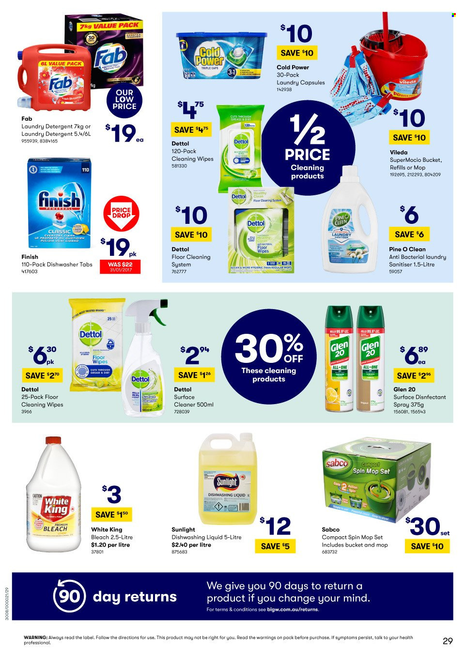 thumbnail - BIG W Catalogue - Sales products - cleansing wipes, wipes, Dettol, detergent, cleaner, bleach, Sabco, Fab, laundry detergent, laundry capsules, Sunlight, dishwashing liquid, Vileda, spin mop, mop, cap. Page 29.