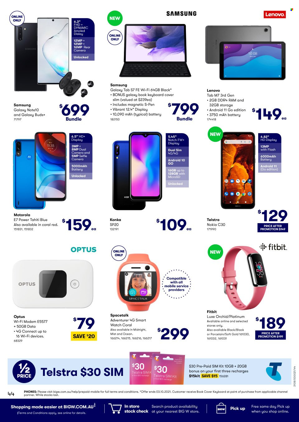 thumbnail - BIG W Catalogue - Sales products - pen, book, keyboard, Lenovo, Motorola, Samsung, Nokia, Samsung Galaxy, Optus, Fitbit, watch. Page 44.