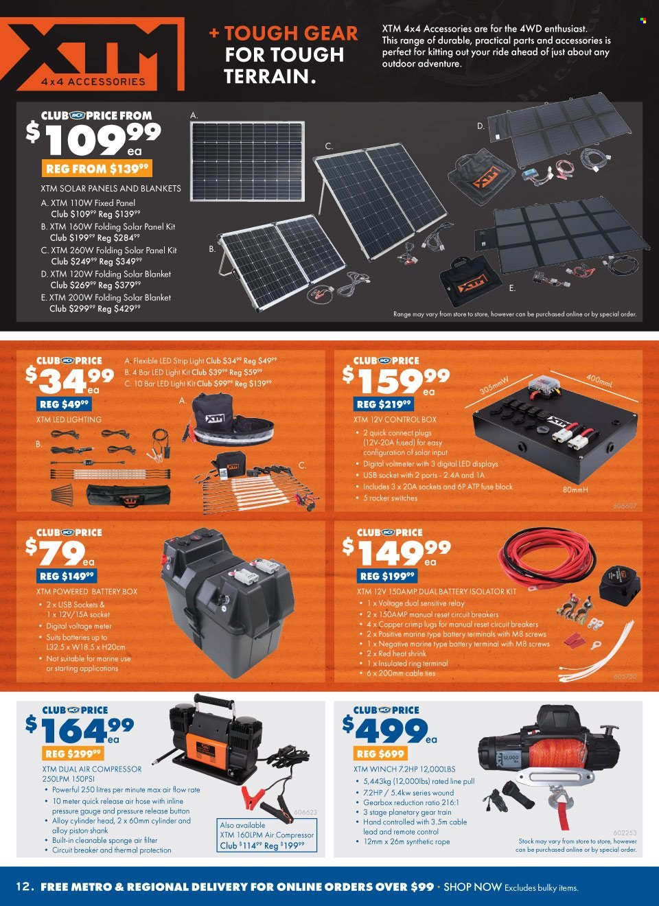 thumbnail - BCF Catalogue - 15 Sep 2021 - 10 Oct 2021 - Sales products - XTM, LED light, LED strip, solar panel, solar blanket, blanket, air hose, air compressor, air filter, battery box. Page 12.