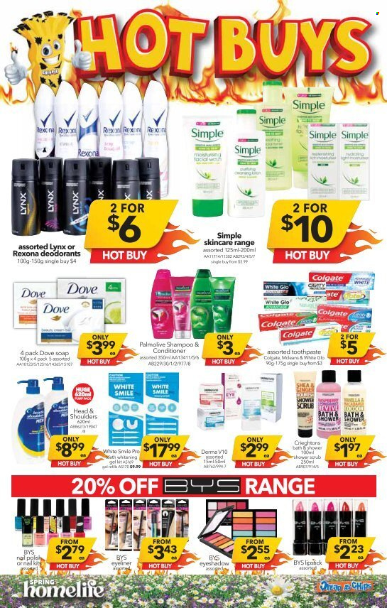 thumbnail - Cheap as Chips Catalogue - 15 Sep 2021 - 21 Sep 2021 - Sales products - Dove, shampoo, Palmolive, soap, Colgate, toothpaste, conditioner, Head & Shoulders, Rexona, deodorant, polish. Page 20.