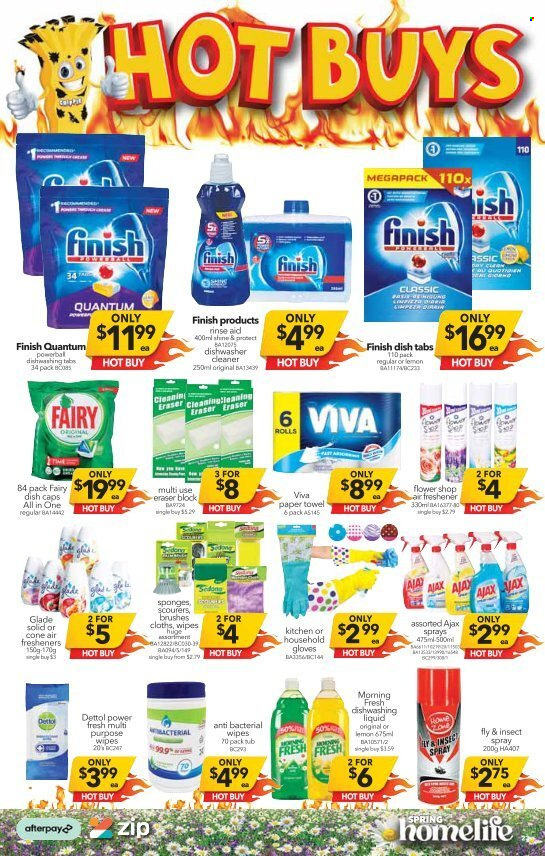 thumbnail - Cheap as Chips Catalogue - 15 Sep 2021 - 21 Sep 2021 - Sales products - wipes, Dettol, paper towels, Fairy, Ajax, dishwashing liquid, Finish Powerball, Finish Quantum Ultimate, gloves, sponge, eraser, air freshener, Glade. Page 23.