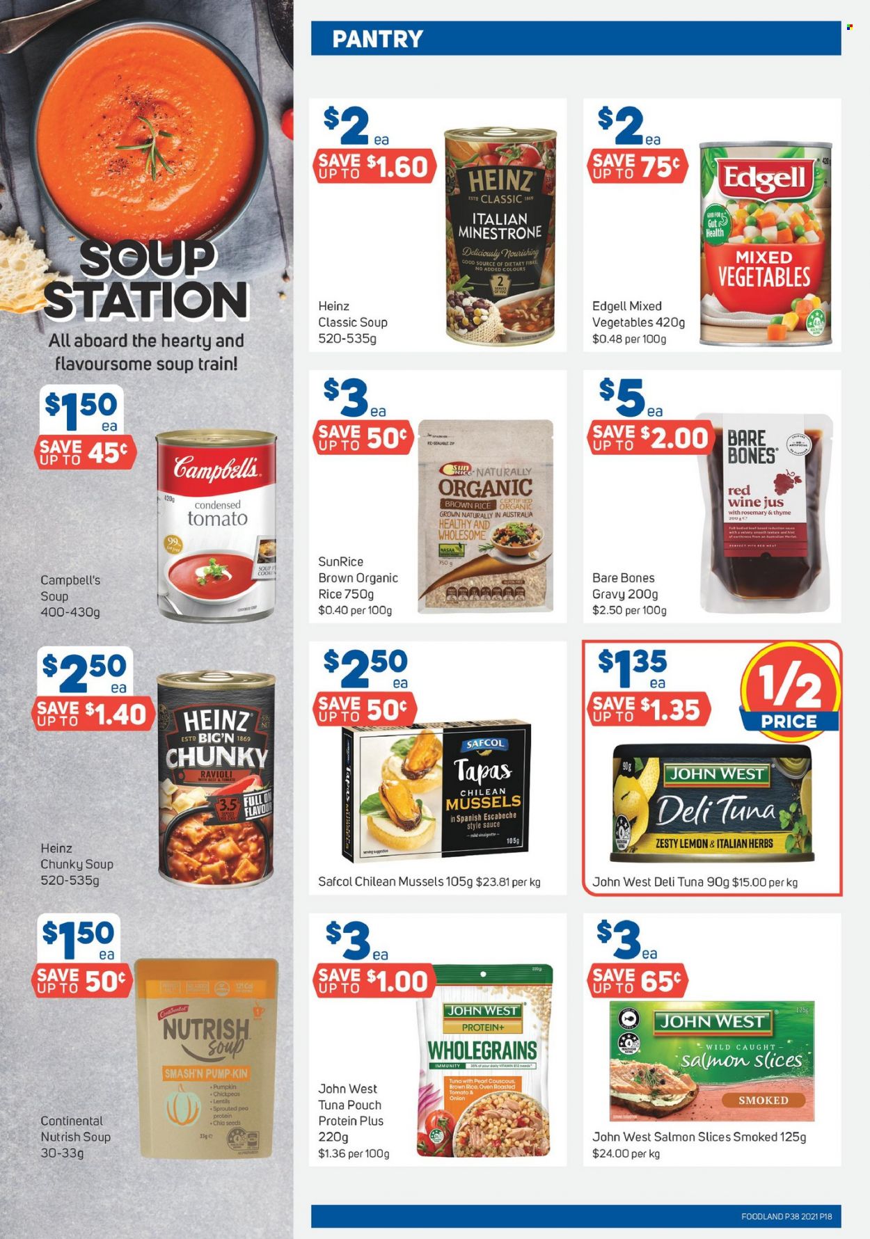 thumbnail - Foodland Catalogue - 15 Sep 2021 - 21 Sep 2021 - Sales products - pumpkin, mussels, salmon, tuna, Campbell's, soup, sauce, Continental, mixed vegetables, lentils, Heinz, brown rice, couscous, chickpeas, rosemary, chia seeds, herbs, Nutrish. Page 18.