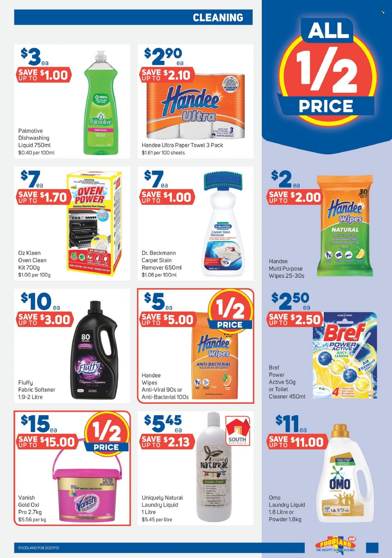 thumbnail - Foodland Catalogue - 15 Sep 2021 - 21 Sep 2021 - Sales products - wipes, Handee, paper towels, cleaner, stain remover, Vanish, fabric softener, Omo, laundry detergent, dishwashing liquid, Palmolive, bag. Page 31.