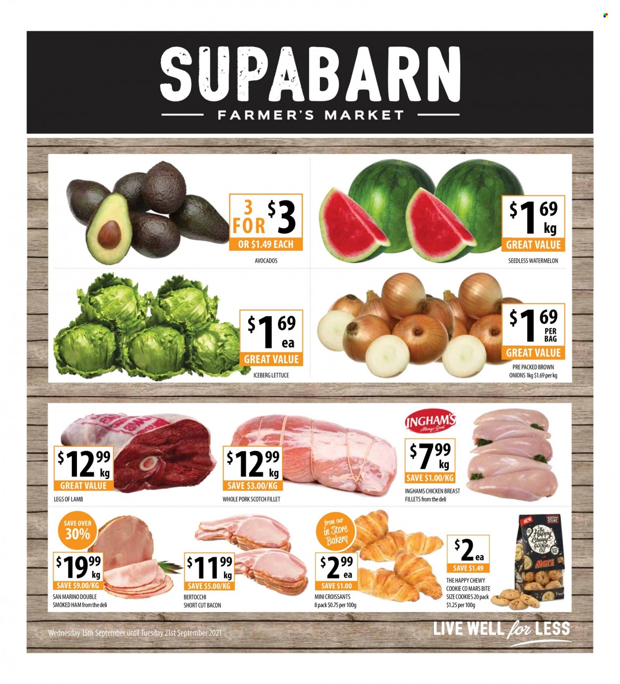 thumbnail - Supabarn Catalogue - 15 Sep 2021 - 21 Sep 2021 - Sales products - croissant, onion, lettuce, avocado, watermelon, bacon, ham, smoked ham, cookies, Mars, chicken breasts, bag. Page 1.
