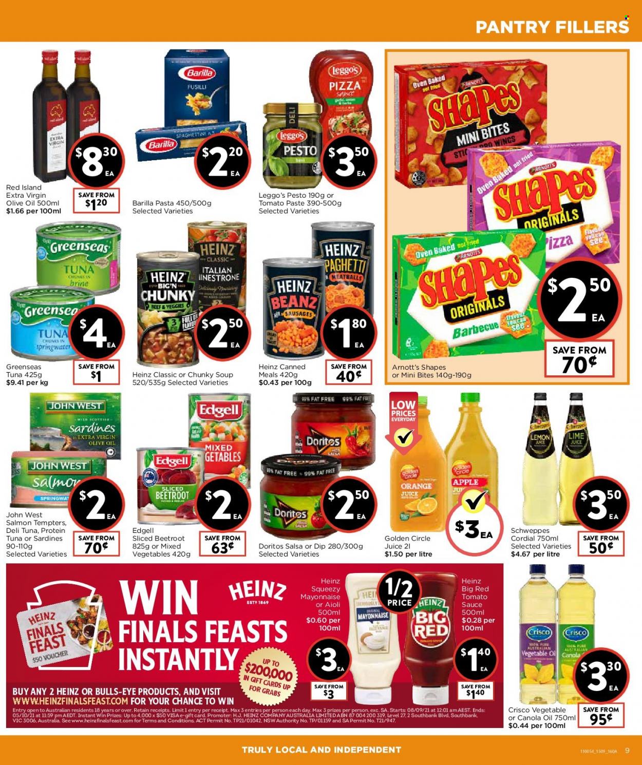 thumbnail - Foodworks Catalogue - 15 Sep 2021 - 21 Sep 2021 - Sales products - oranges, salmon, sardines, meatballs, soup, pasta, sauce, Barilla, sausage, dip, mixed vegetables, Doritos, Crisco, tomato paste, tomato sauce, Heinz, pesto, salsa, canola oil, extra virgin olive oil, olive oil, oil, Schweppes, TRULY. Page 9.