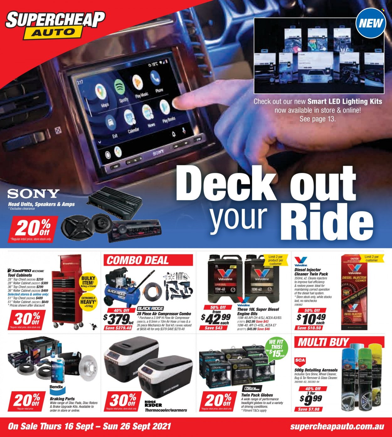 thumbnail - Supercheap Auto Catalogue - 16 Sep 2021 - 26 Sep 2021 - Sales products - cleaner, glass cleaner, tool set, air compressor, cabinet, headlamp, air hose, tool cabinets, injector cleaner, tyre shine. Page 1.