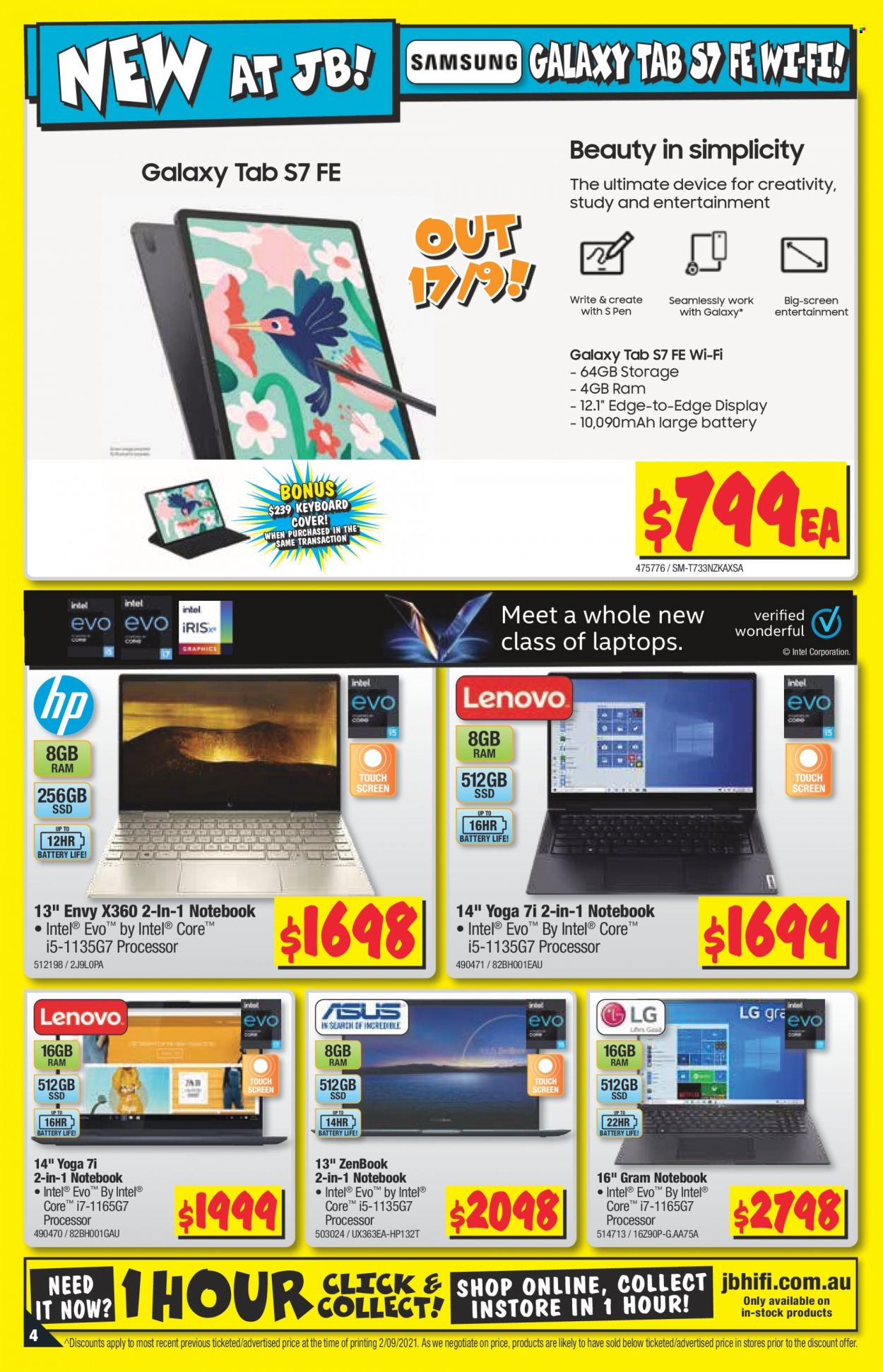 thumbnail - JB Hi-Fi Catalogue - 16 Sep 2021 - 22 Sep 2021 - Sales products - Intel, Samsung Galaxy, Samsung Galaxy Tab, laptop, keyboard. Page 4.