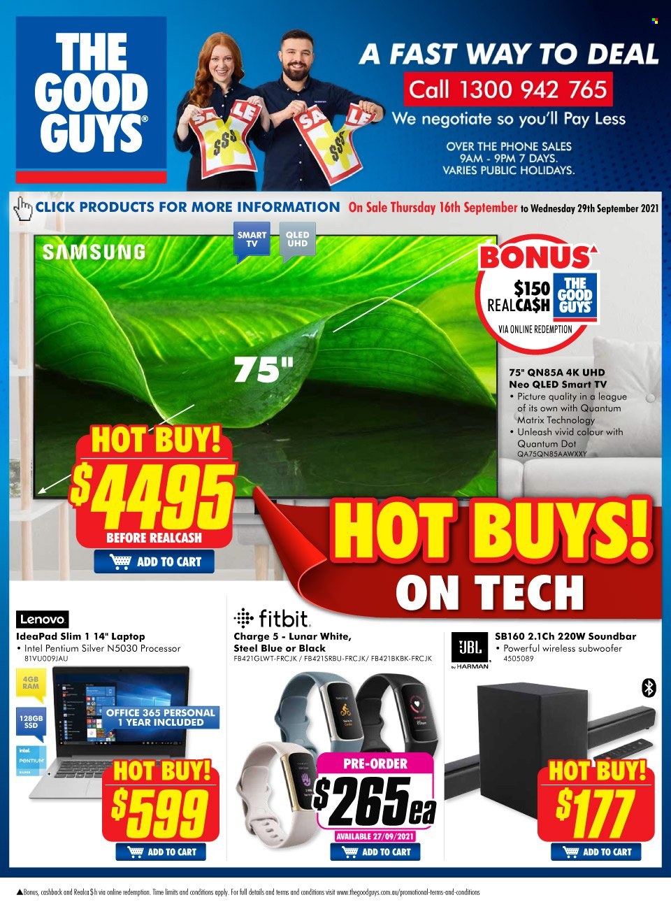 thumbnail - The Good Guys Catalogue - 16 Sep 2021 - 29 Sep 2021 - Sales products - Intel, Office 365, Lenovo, Samsung, Fitbit, laptop, smart tv, TV, subwoofer, wireless subwoofer, JBL, sound bar. Page 1.