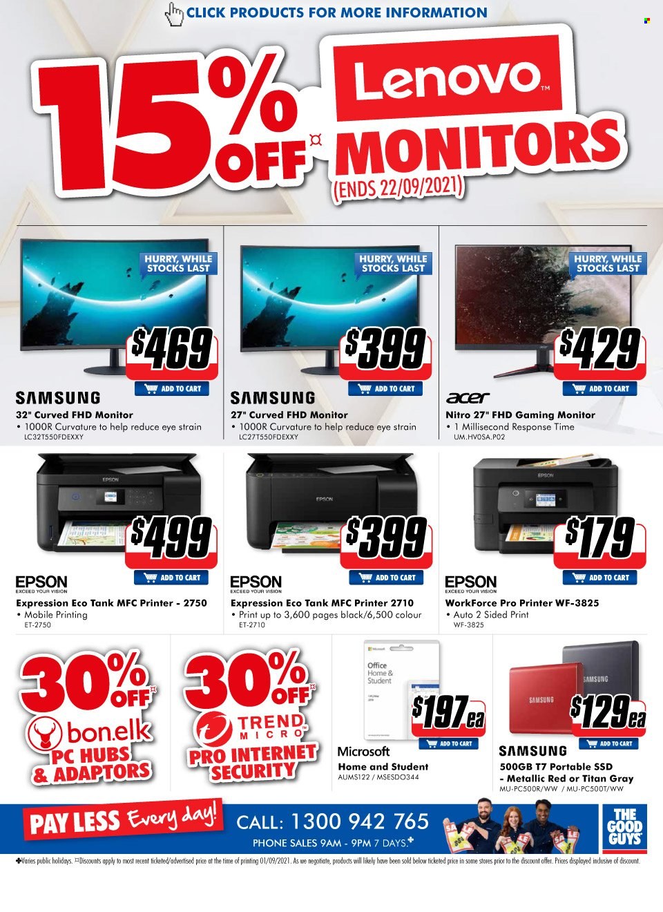 thumbnail - The Good Guys Catalogue - 16 Sep 2021 - 29 Sep 2021 - Sales products - Office Home, Acer, Lenovo, Samsung, monitor, Epson, printer. Page 20.